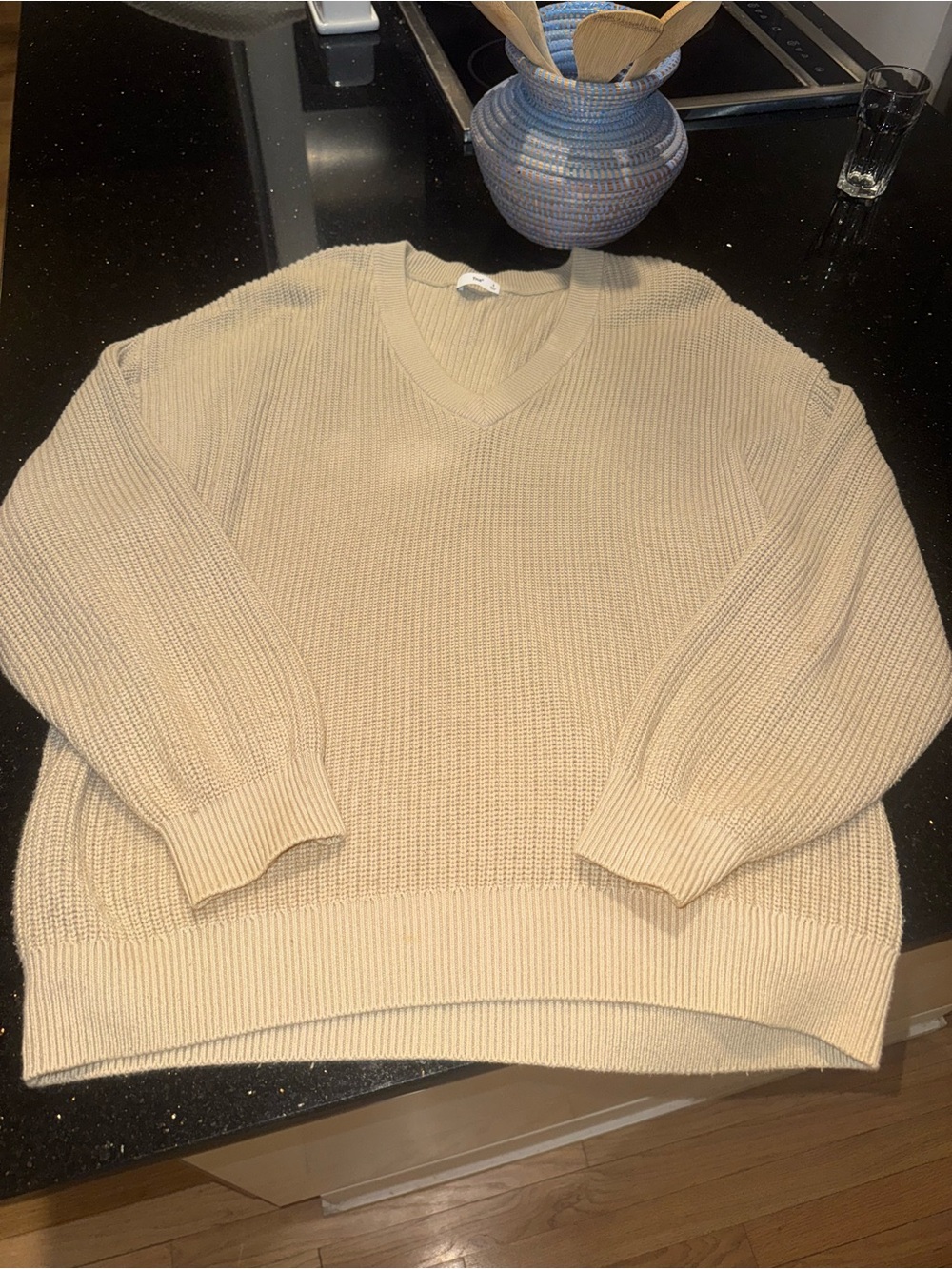 Aritzia TNA Beige Ribbed Knit Crewneck Sweater
